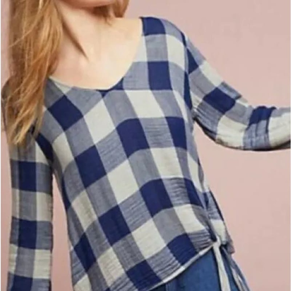 CLOTH AND STONE Navy Blue and Light Grey Plaid Blouse Size Small casual comfort